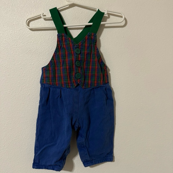Vintage 80s OshKosh Vestbak Plaid Button Denim Overalls Elastic Strap USA 3-6M